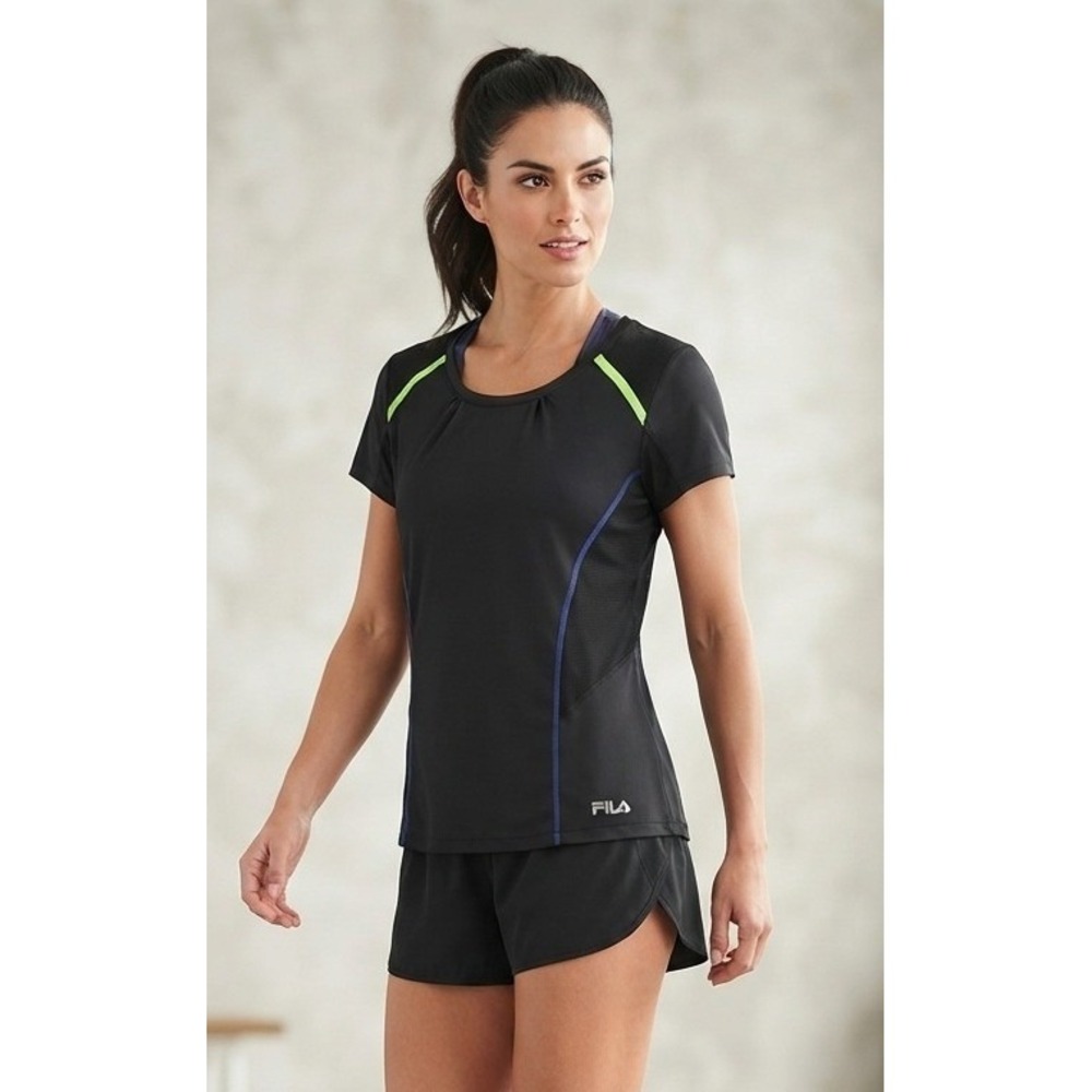 Fila Sport Running Top Mesh Panels Women's L Black Stretch Athletic Short Sleeve